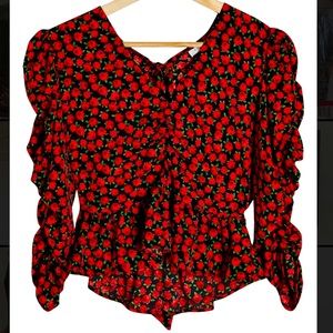 Topshop Black and rose puff sleeve peplum top